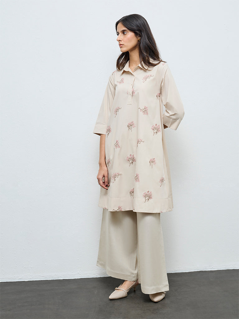 Zuba Off-White Floral Embroidered Cotton A-Line Kurta