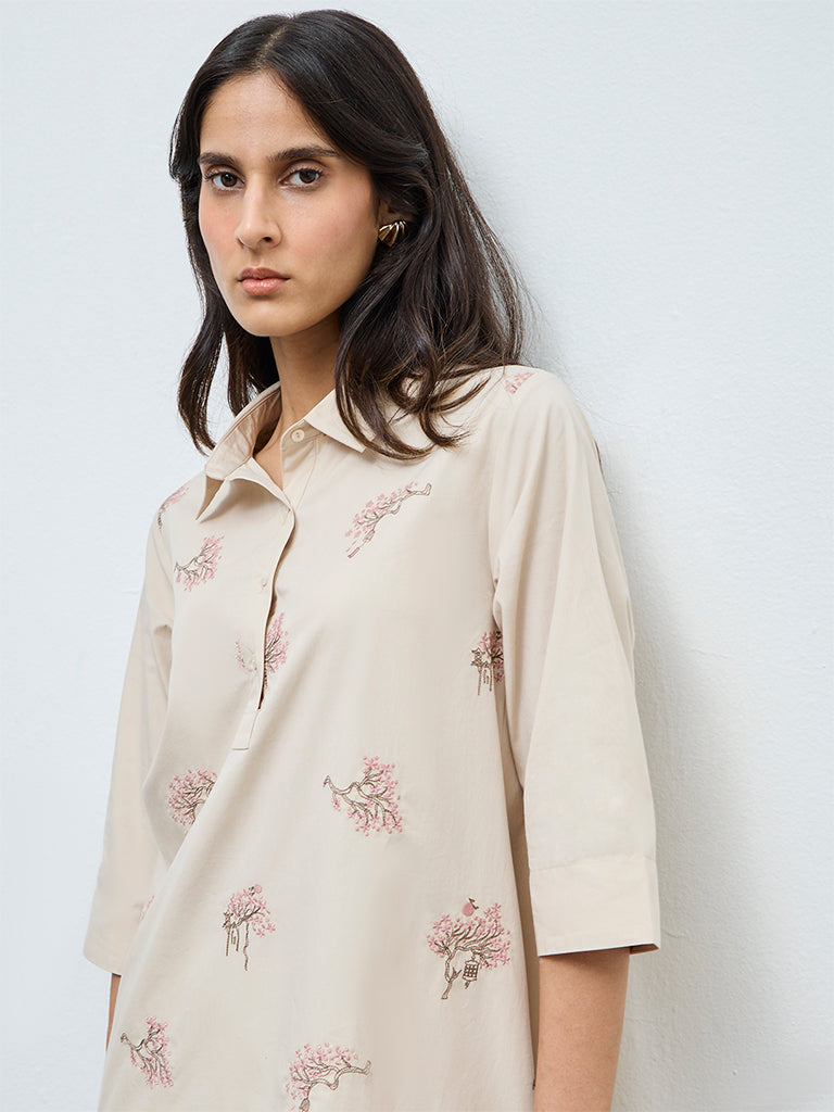 Zuba Off-White Floral Embroidered Cotton A-Line Kurta