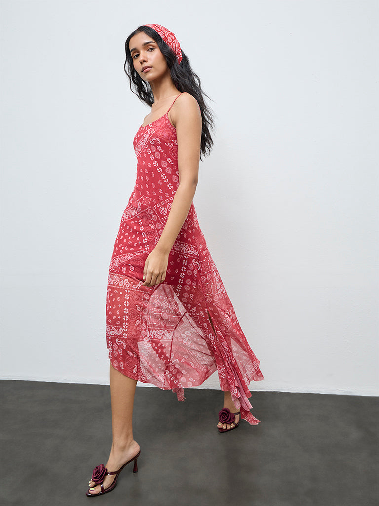Nuon Red Paisley Printed Asymmetrical Mesh Dress