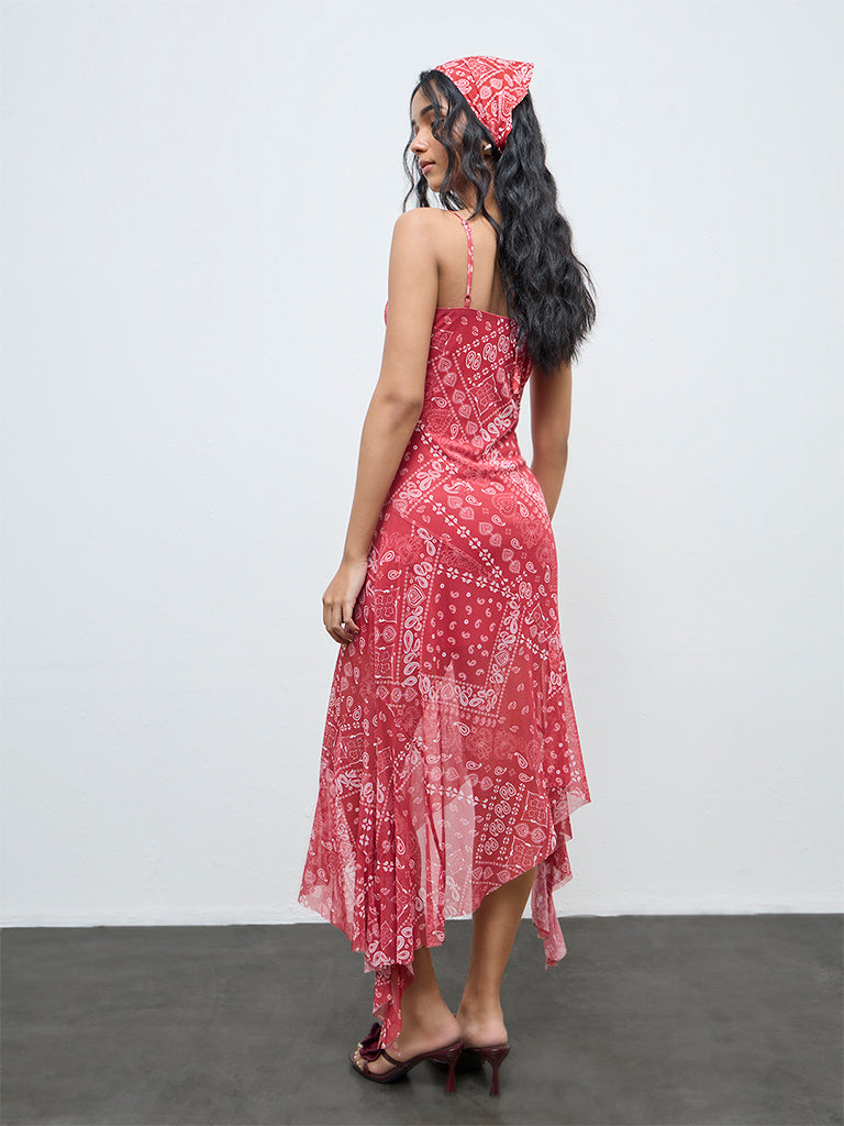 Nuon Red Paisley Printed Asymmetrical Mesh Dress
