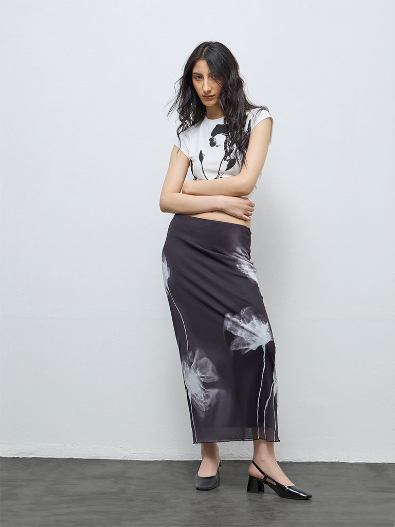 Nuon Black Floral Printed High-Rise Mesh Skirt