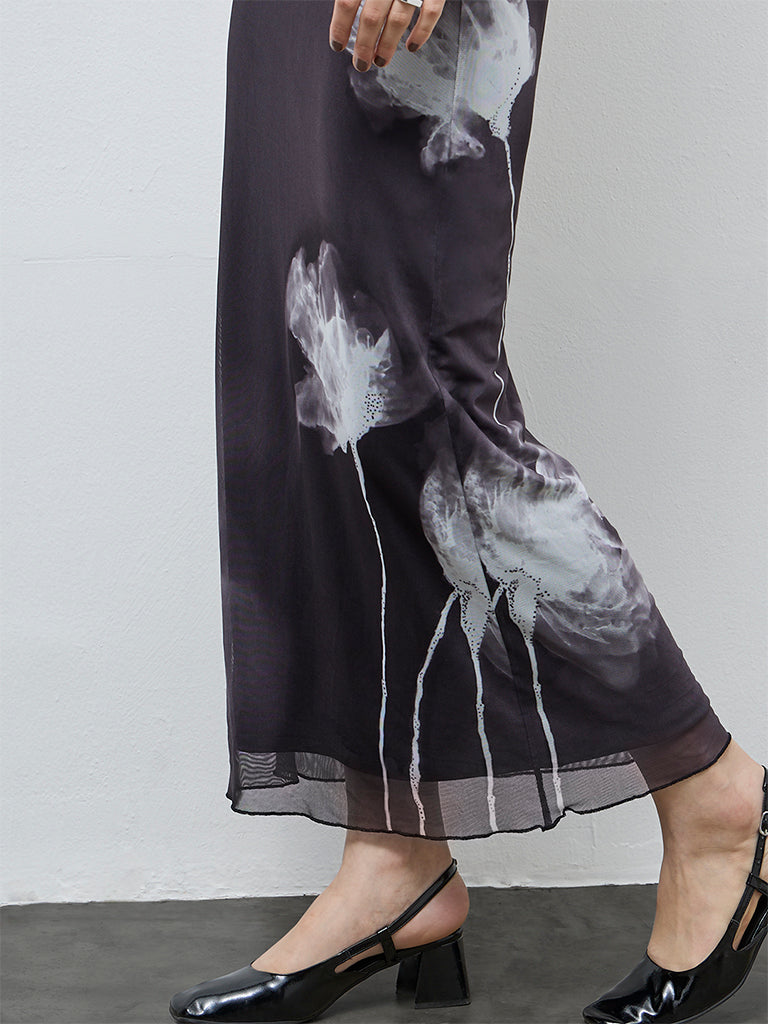 Nuon Black Floral Printed High-Rise Mesh Skirt