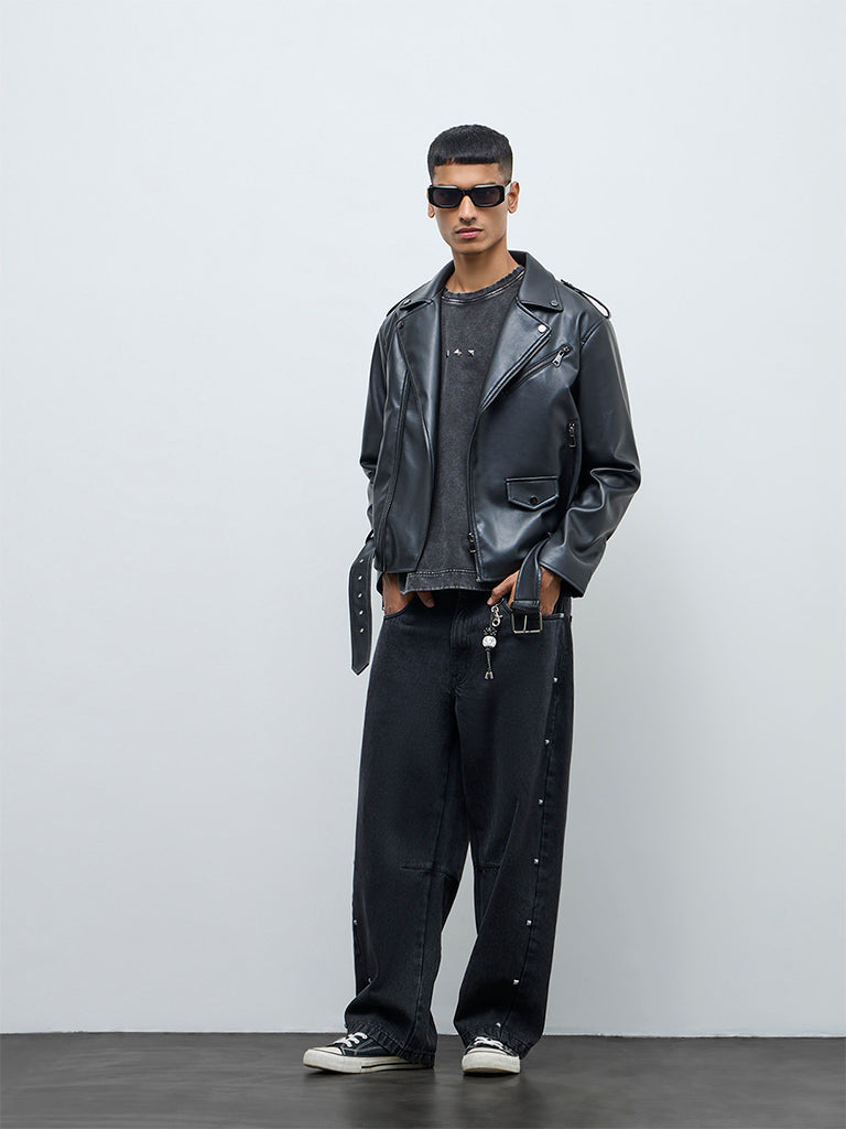 Nuon Black Relaxed-Fit Faux-Leather Jacket