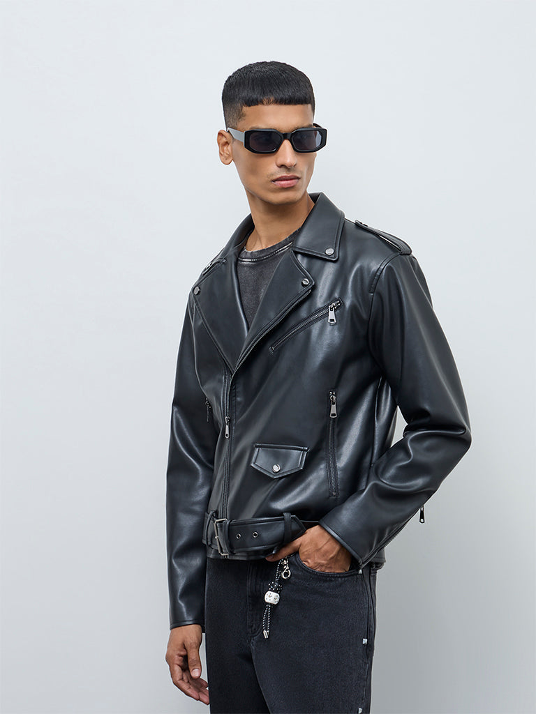 Nuon Black Relaxed-Fit Faux-Leather Jacket