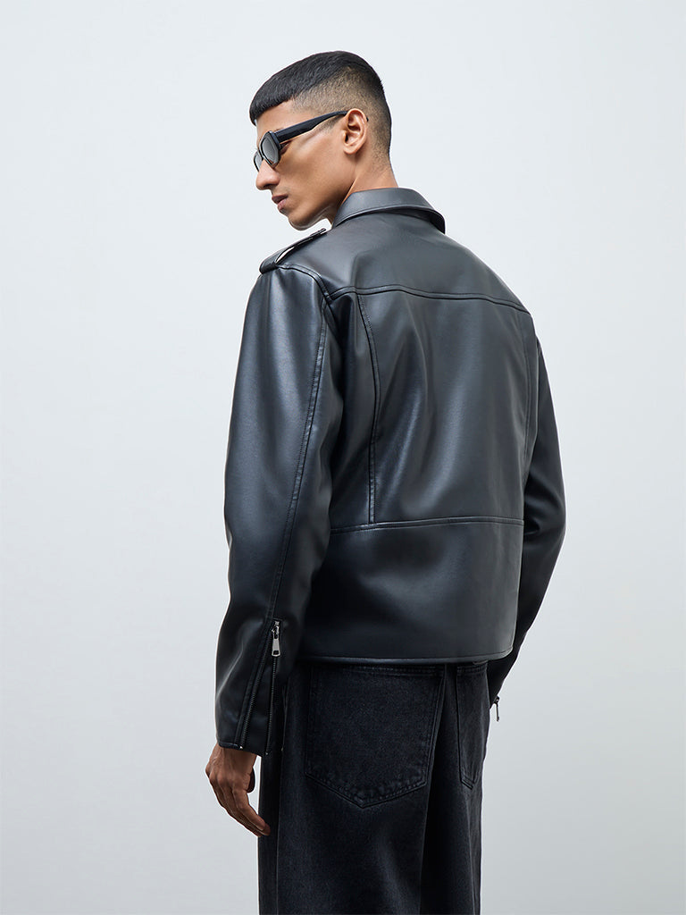 Nuon Black Relaxed-Fit Faux-Leather Jacket