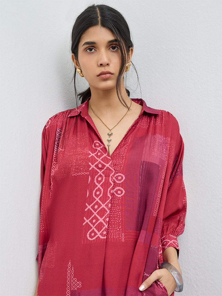 Utsa Red Printed A-Line Kurta