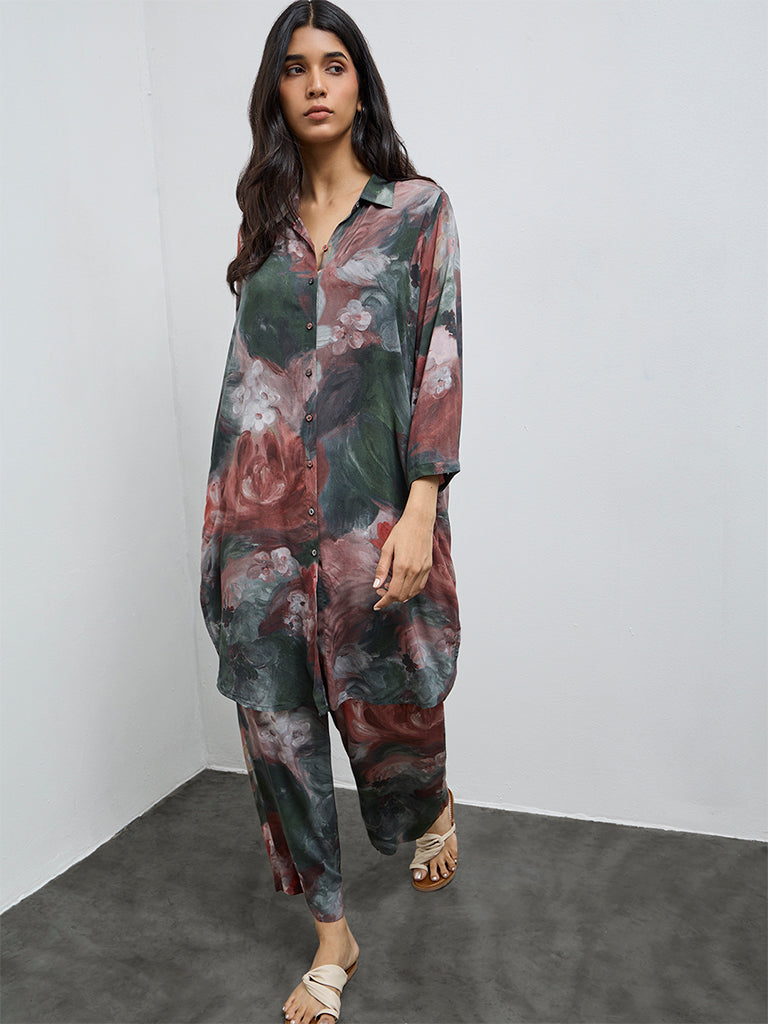 Utsa Green Floral Pattern A-Line Kurta