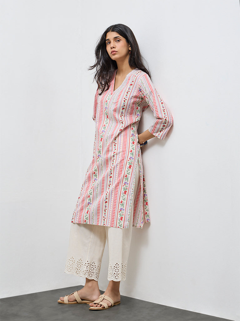 Utsa Red Floral Straight Cotton Kurta