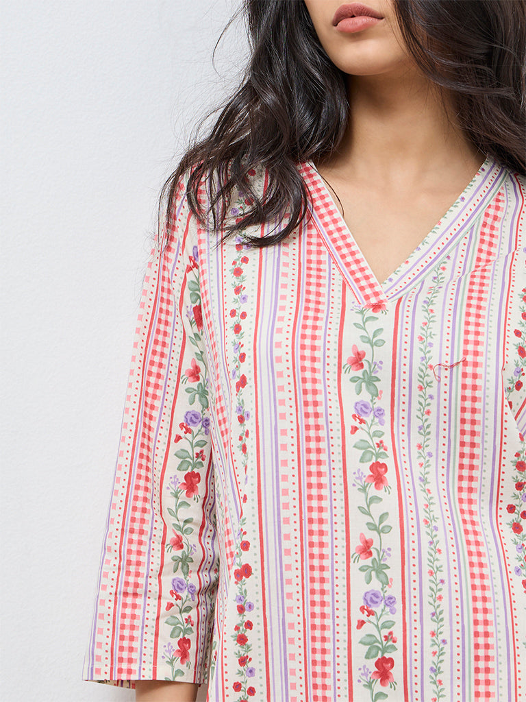 Utsa Red Floral Straight Cotton Kurta