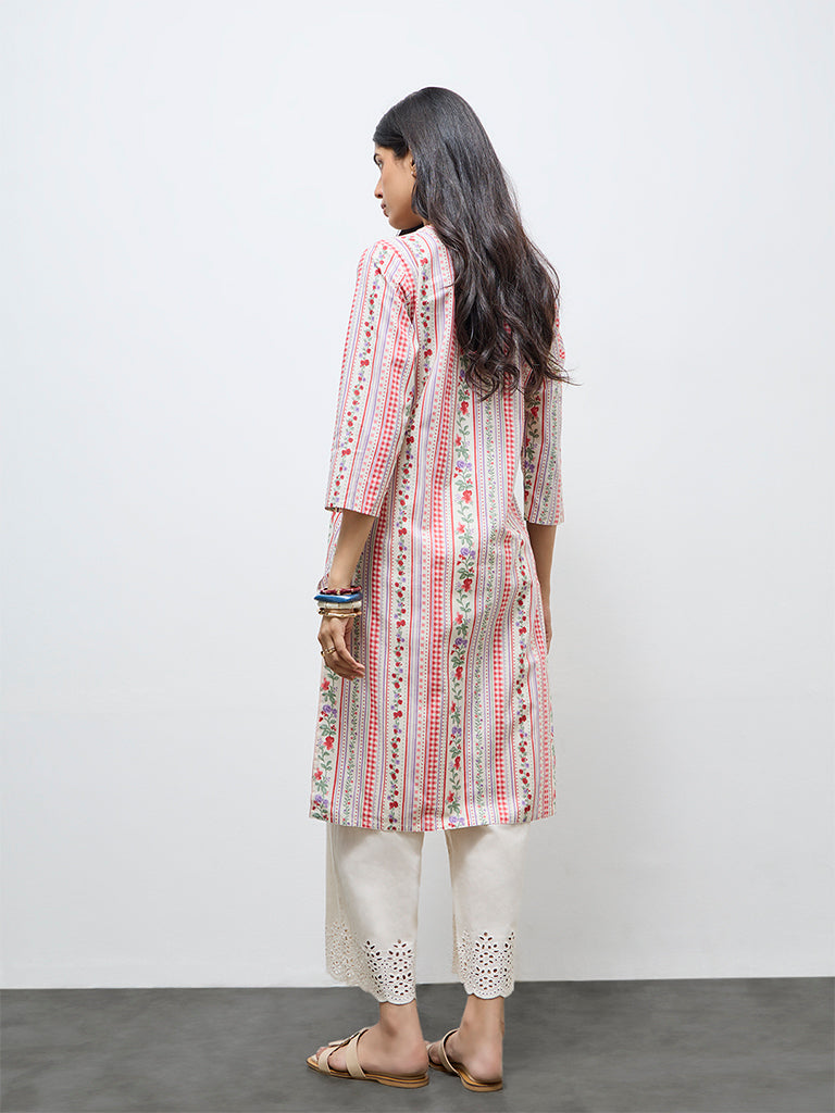 Utsa Red Floral Straight Cotton Kurta