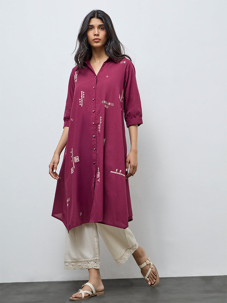 Utsa Plum Floral Embroidered A-Line Cotton-Blend Kurta