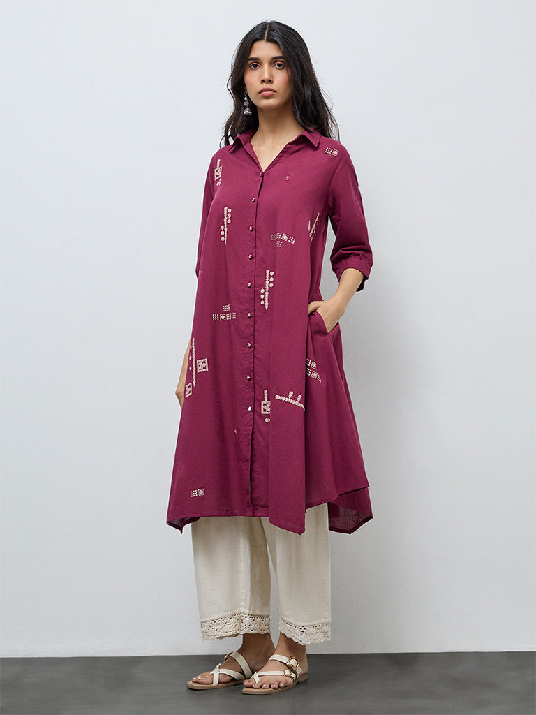 Utsa Plum Floral Embroidered A-Line Cotton-Blend Kurta
