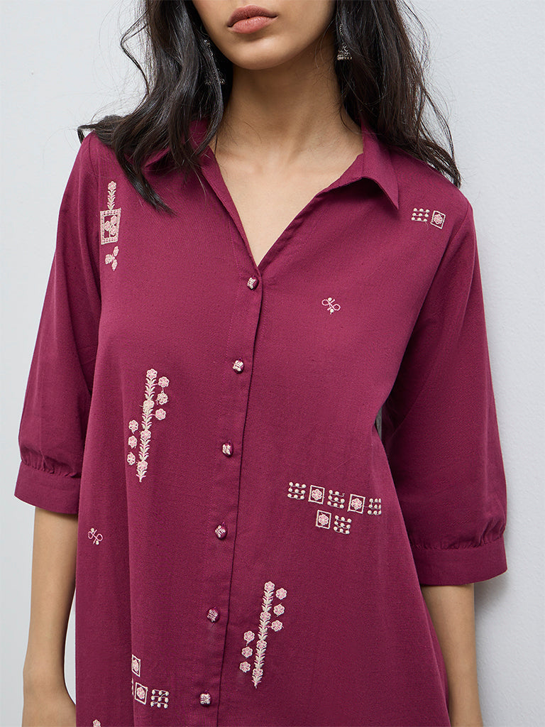 Utsa Plum Floral Embroidered A-Line Cotton-Blend Kurta