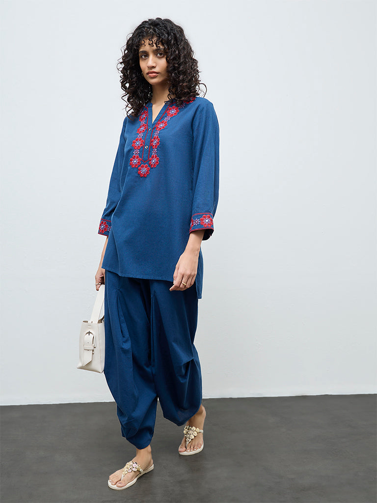 Utsa Indigo Solid Cotton-Blend Pants