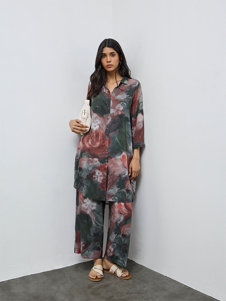 Utsa Green Floral Pattern Pants