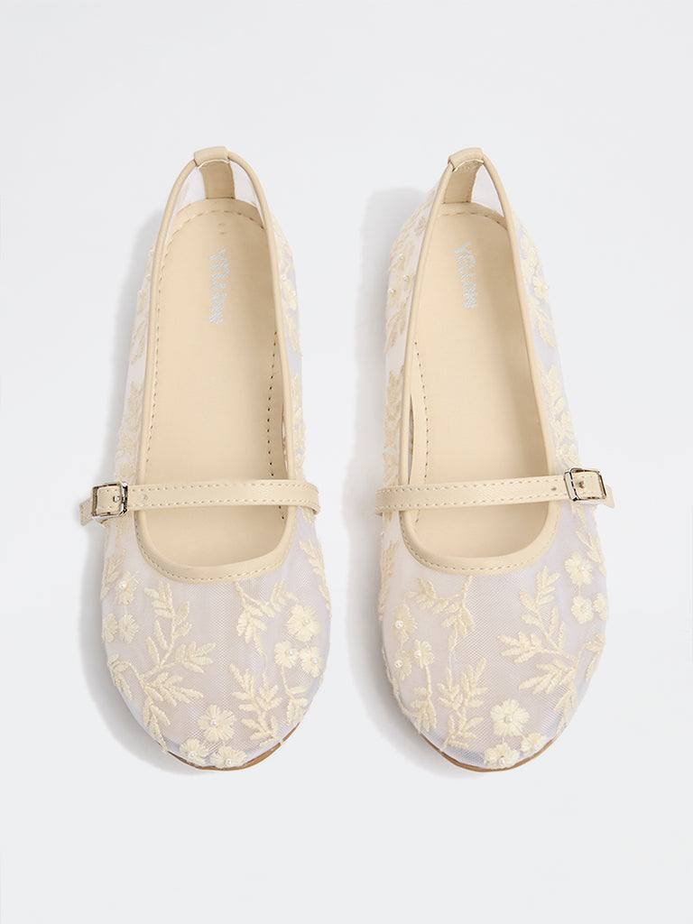 Yellow Ivory Floral Embroidered Mary Jane Shoes