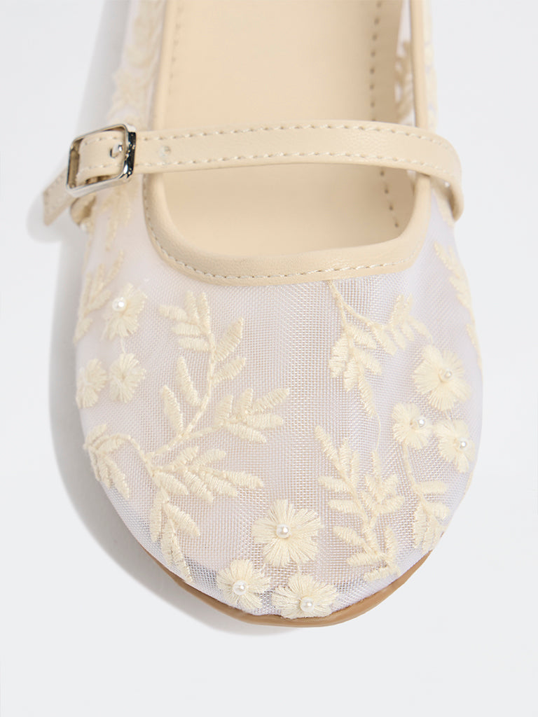 Yellow Ivory Floral Embroidered Mary Jane Shoes