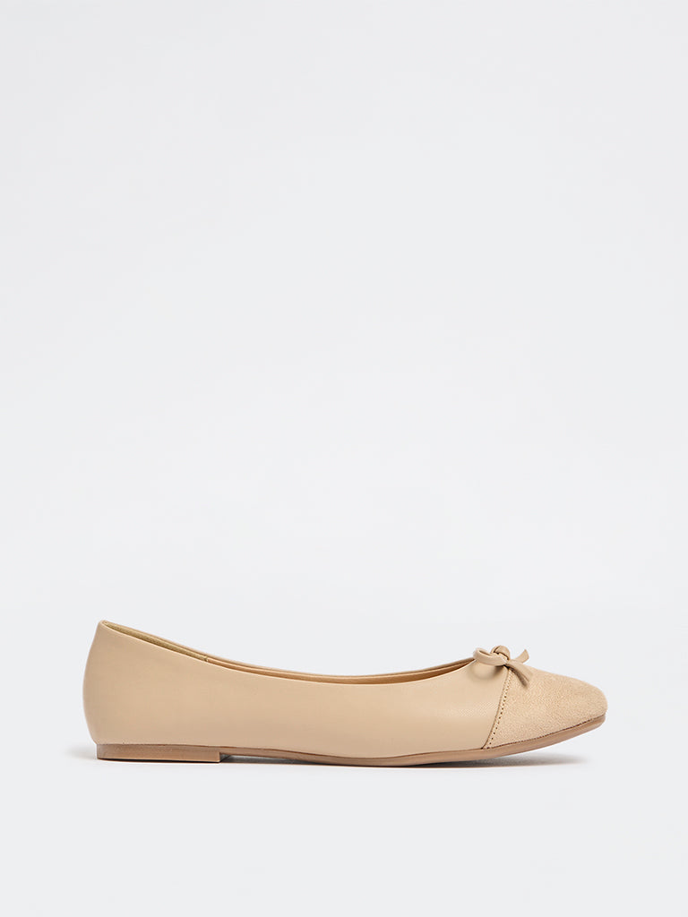 LUNA BLU Taupe Suede Bow-Detail Ballerinas