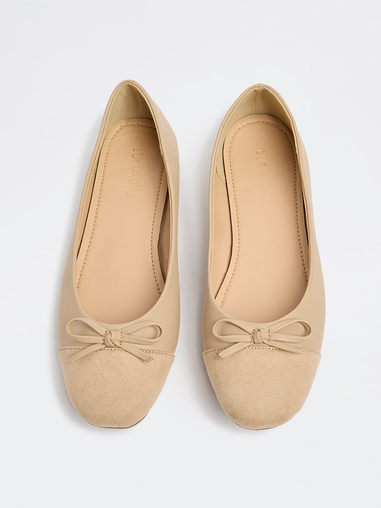 LUNA BLU Taupe Suede Bow-Detail Ballerinas