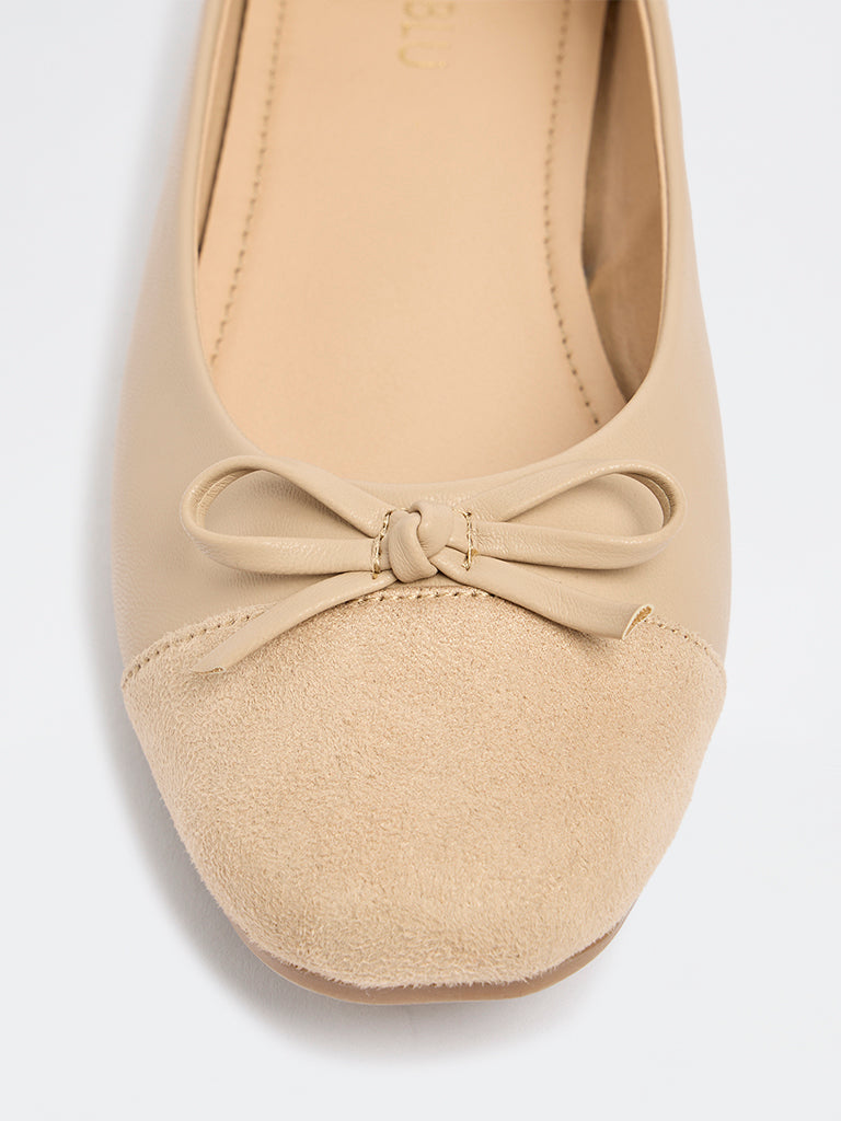 LUNA BLU Taupe Suede Bow-Detail Ballerinas