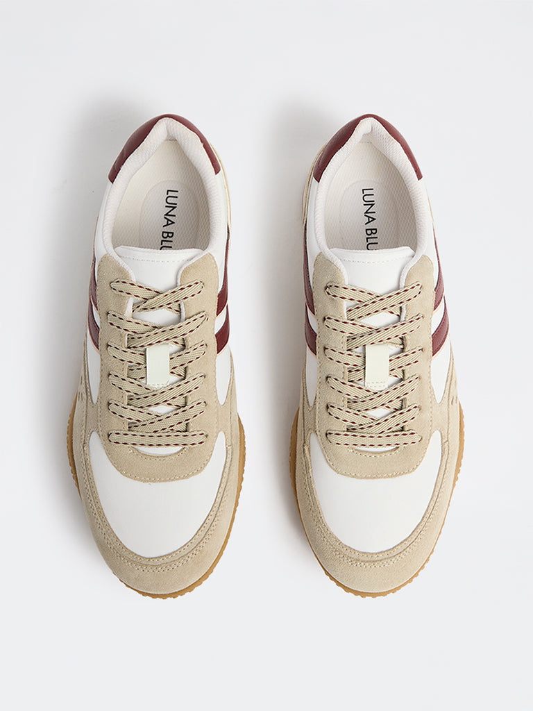 LUNA BLU Taupe Stripe-Detailed Lace-Up Sneakers