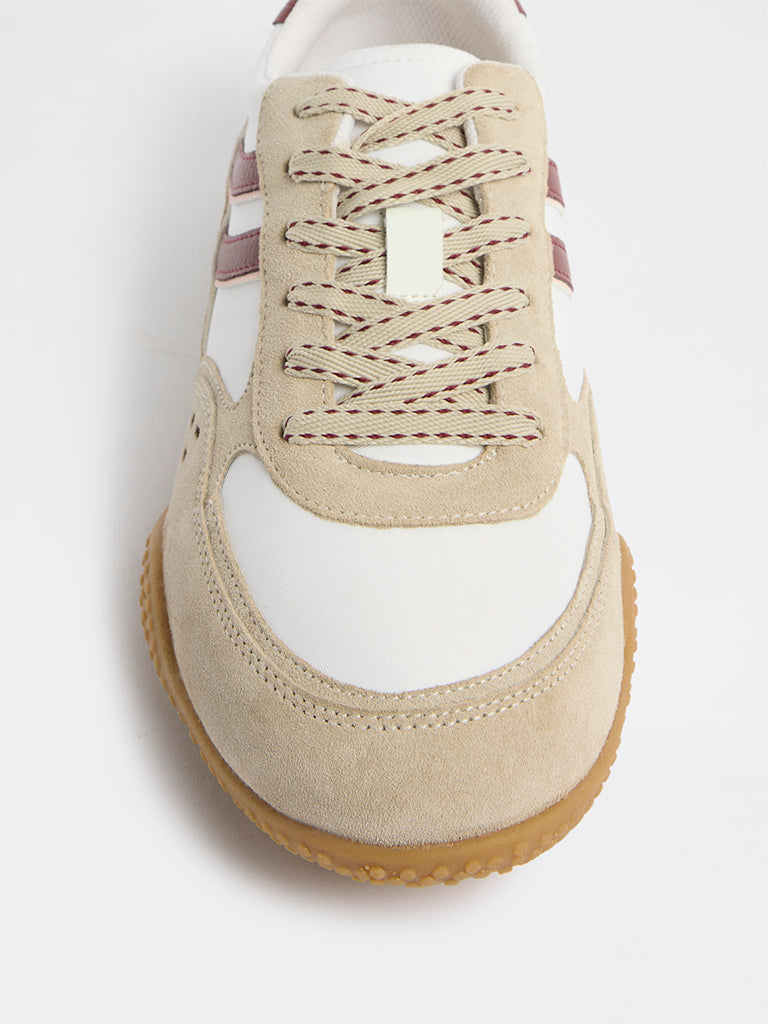 LUNA BLU Taupe Stripe-Detailed Lace-Up Sneakers