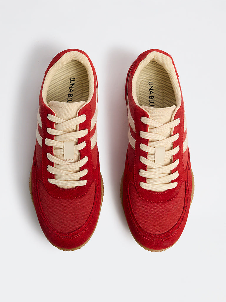LUNA BLU Red Suede Textured Lace-Up Sneakers