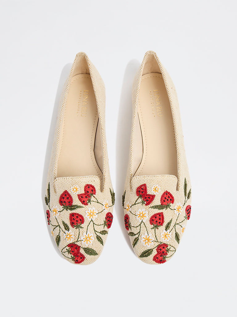 LUNA BLU Beige Strawberry Embroidered Loafers