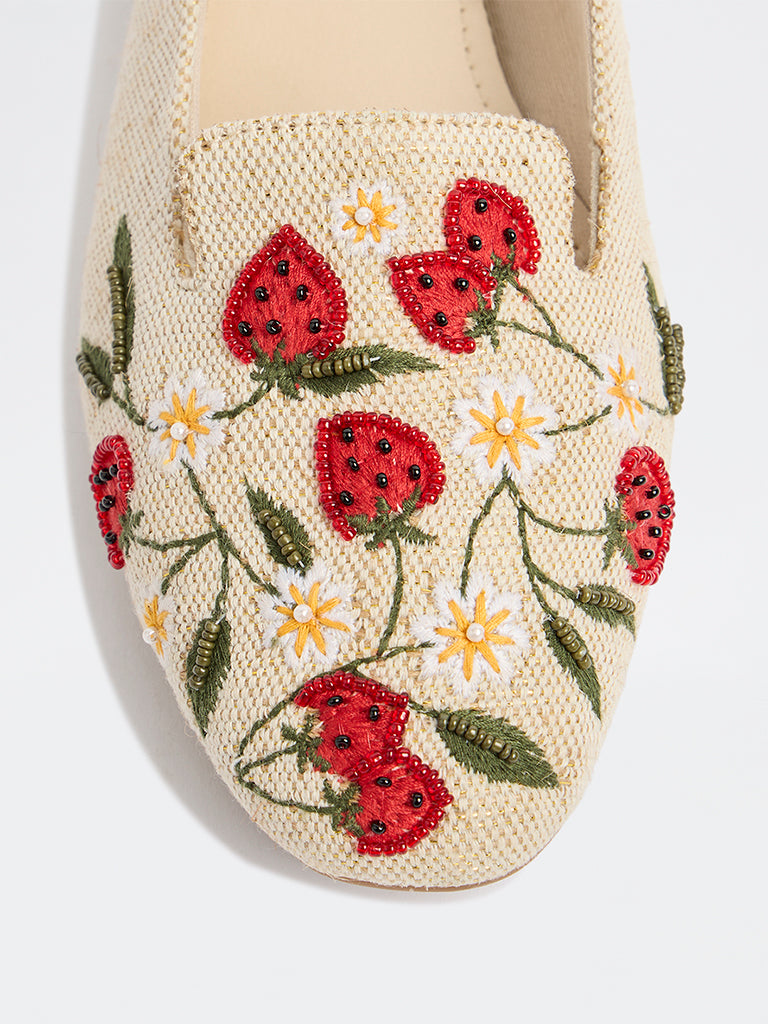 LUNA BLU Beige Strawberry Embroidered Loafers