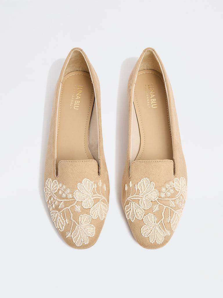 LUNA BLU Beige Suede Floral Embroidered Loafers