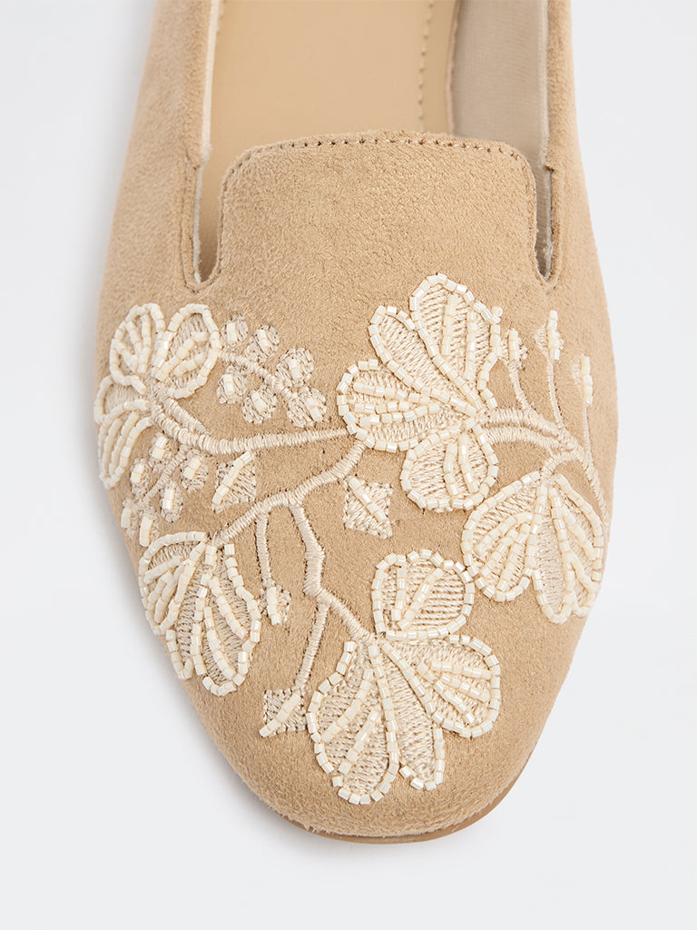 LUNA BLU Beige Suede Floral Embroidered Loafers