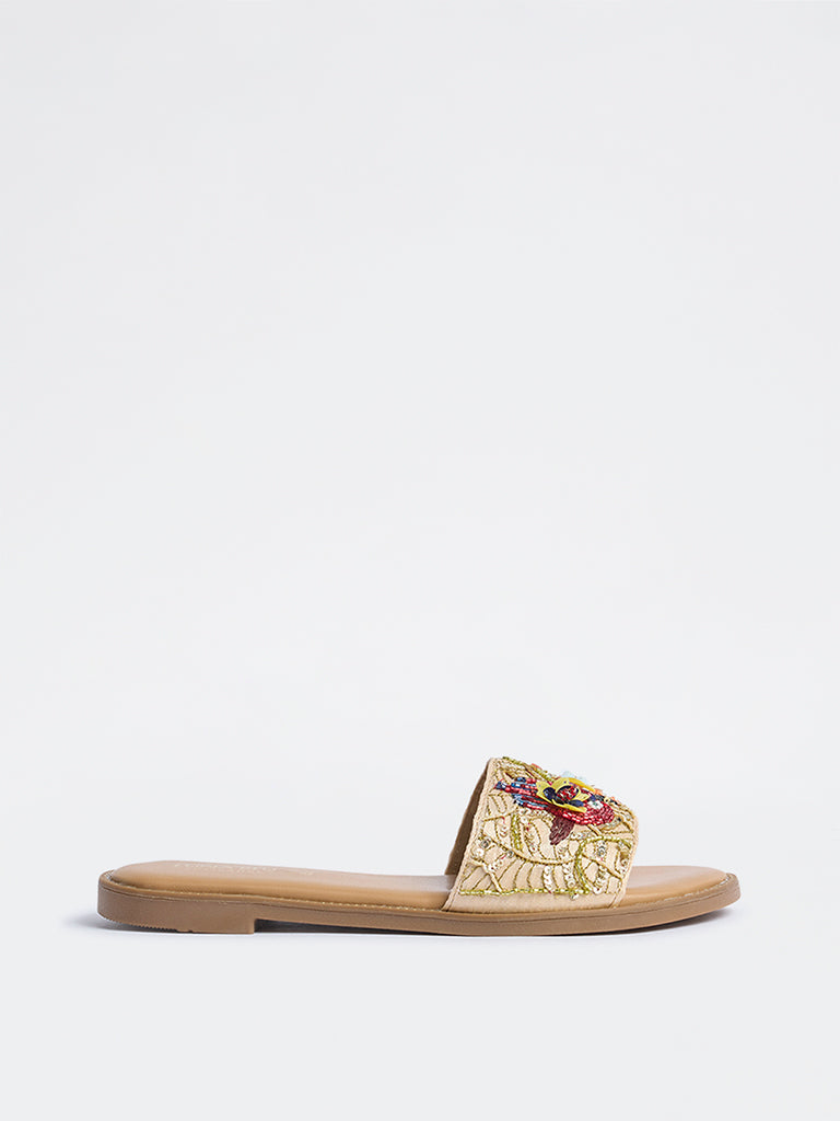 LUNA BLU Gold Parrot Embroidered Slides