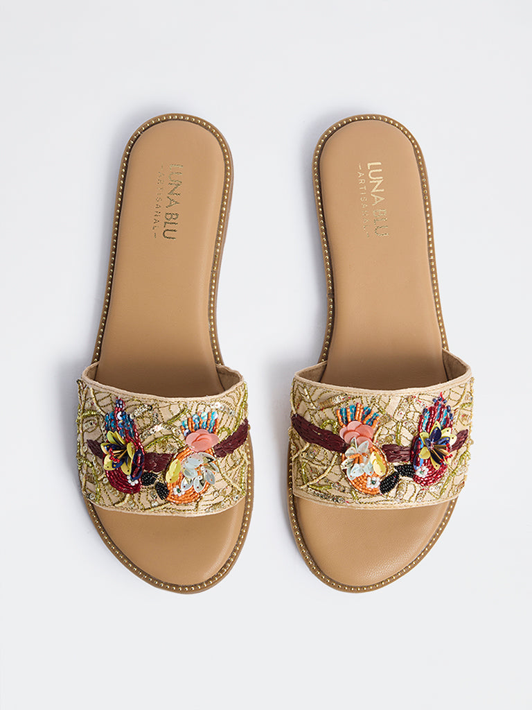 LUNA BLU Gold Parrot Embroidered Slides