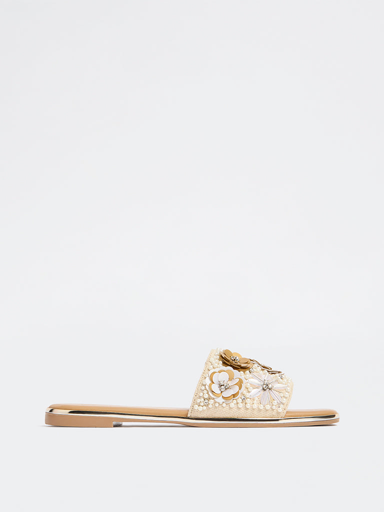 LUNA BLU Beige Floral Embellished Slides