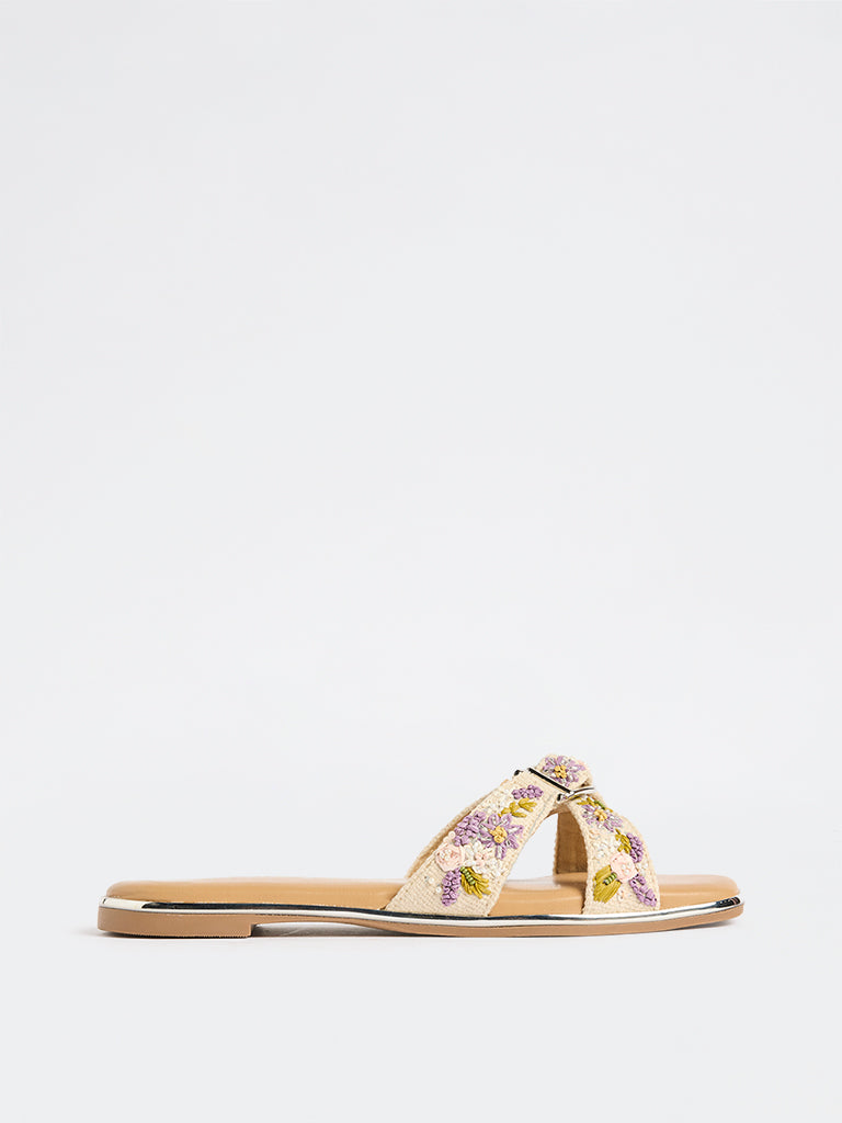 LUNA BLU Lilac Floral Embroidered Slides