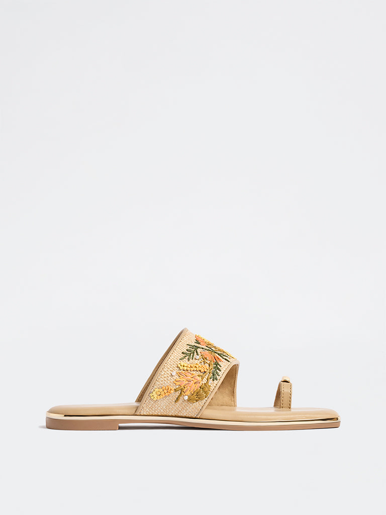 LUNA BLU Orange Floral Embroidered Toe-Ring Sandals