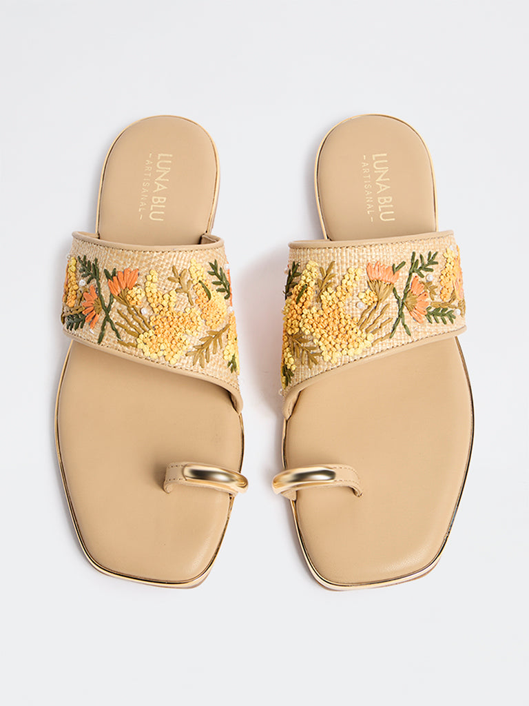 LUNA BLU Orange Floral Embroidered Toe-Ring Sandals