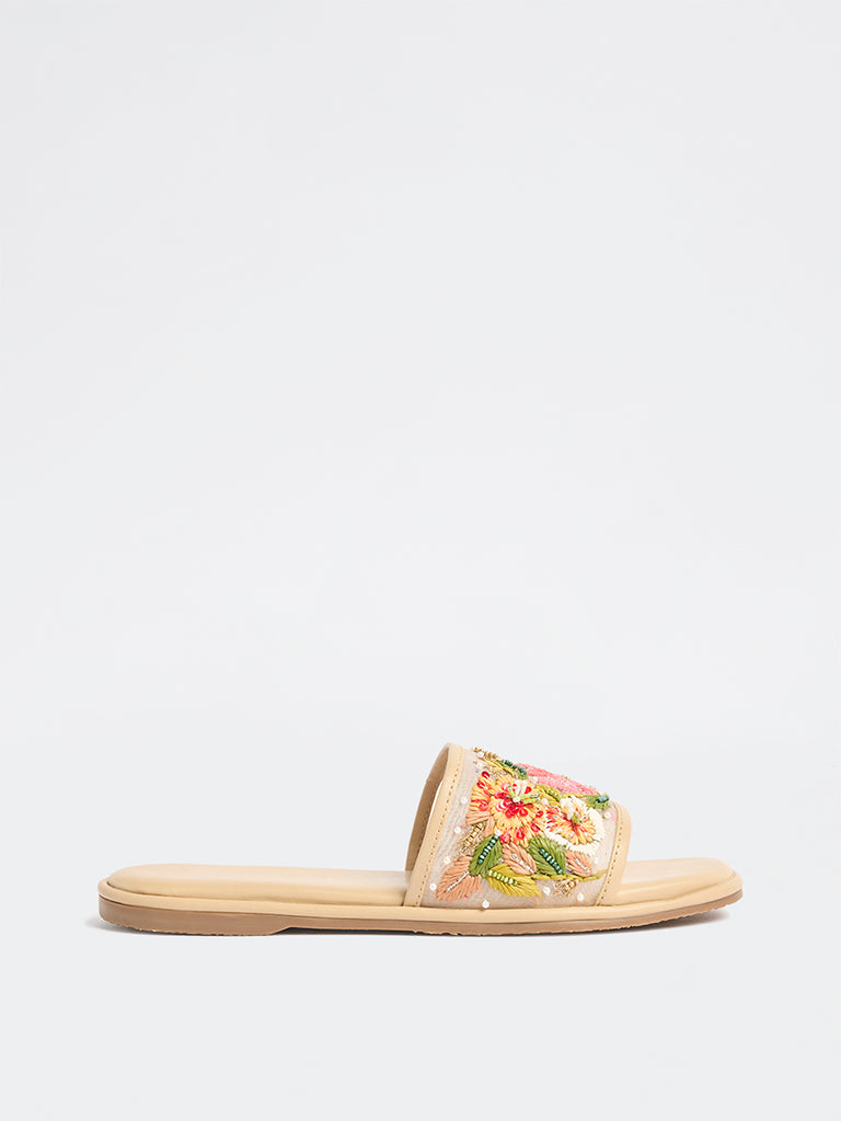 LUNA BLU Beige Floral Embroidered Slides