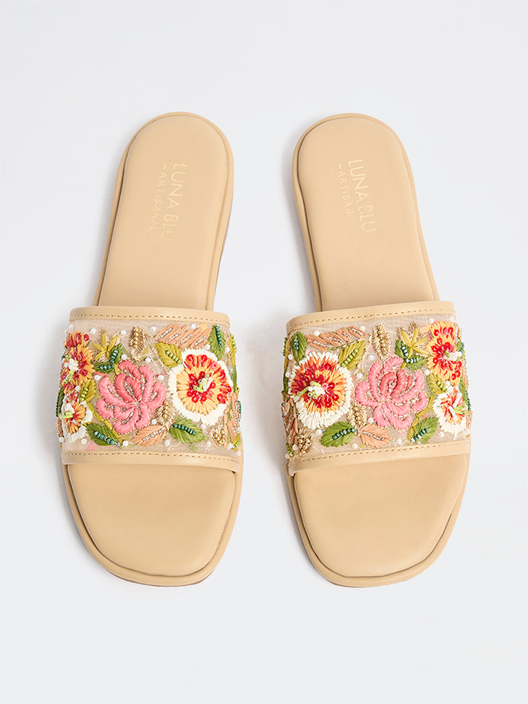 LUNA BLU Beige Floral Embroidered Slides