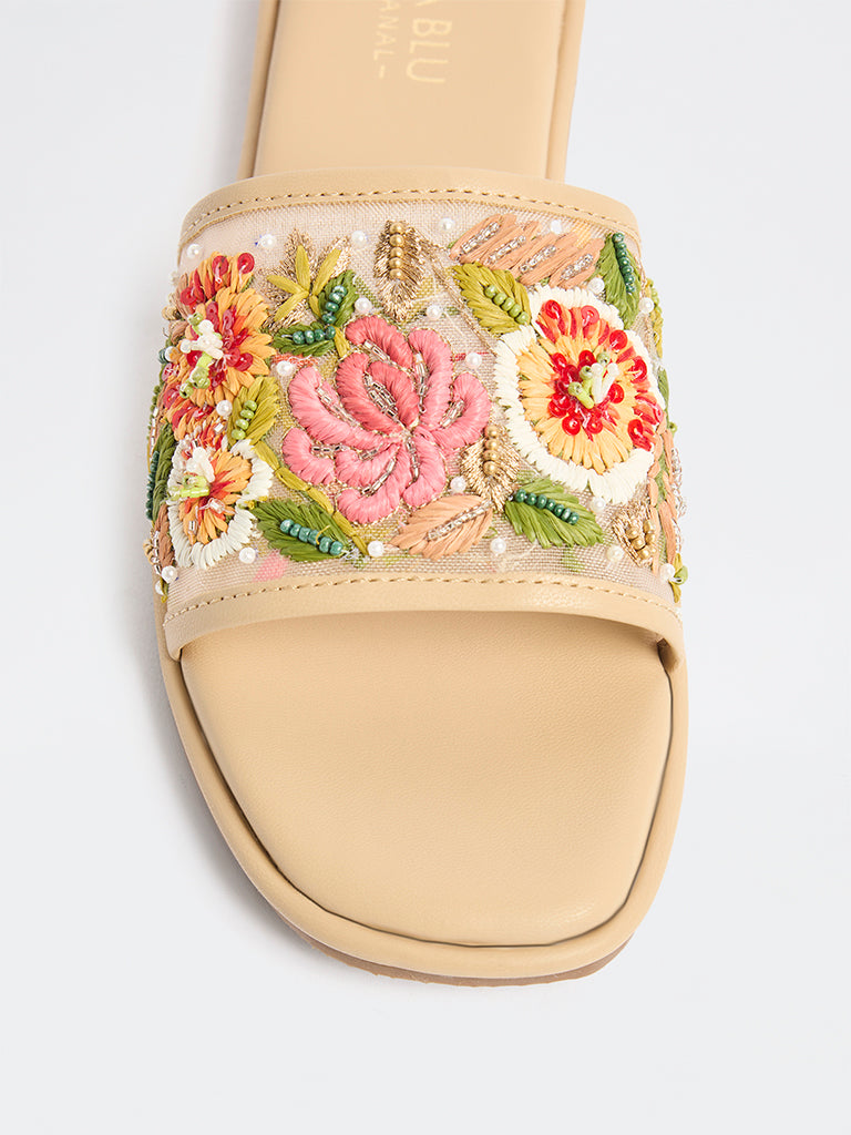 LUNA BLU Beige Floral Embroidered Slides