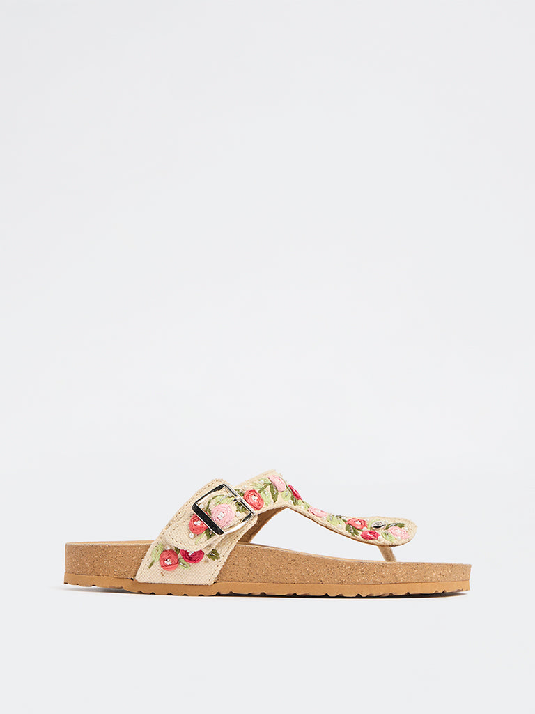 LUNA BLU Beige Embroidered Thong-Strap Sandals