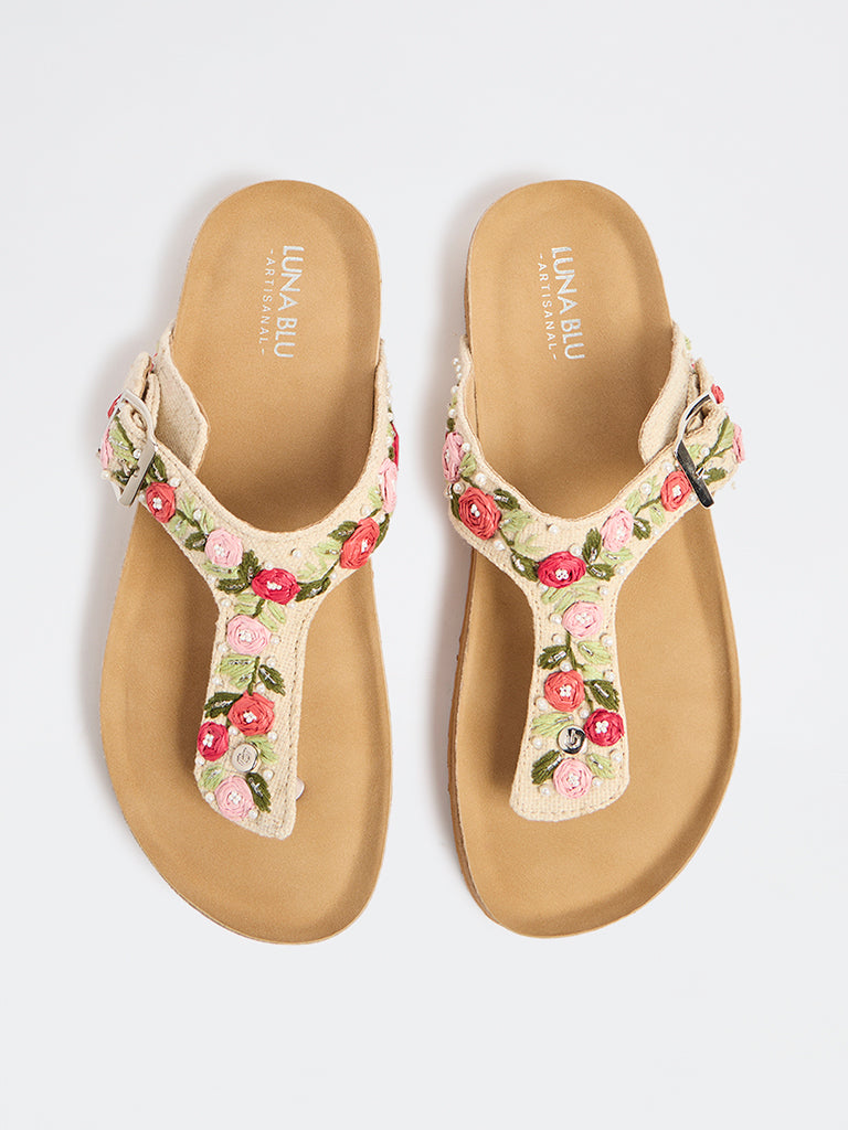 LUNA BLU Beige Embroidered Thong-Strap Sandals