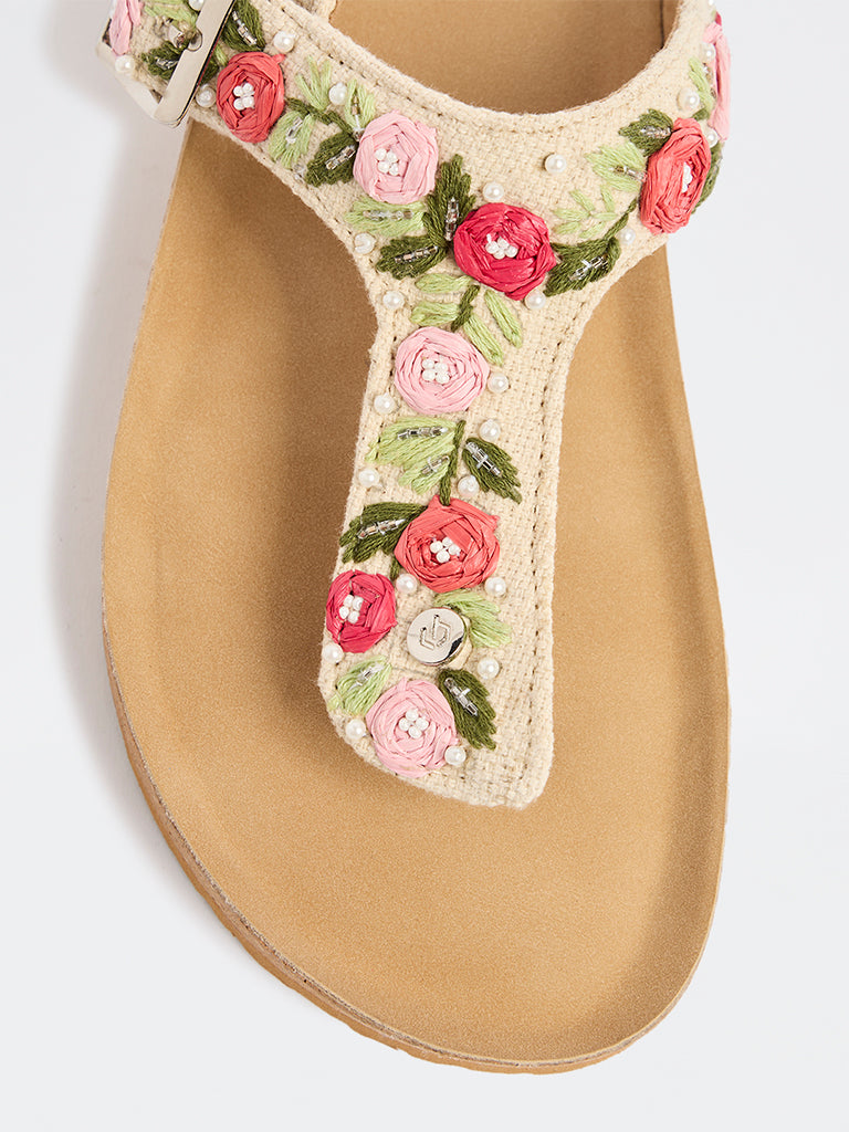 LUNA BLU Beige Embroidered Thong-Strap Sandals