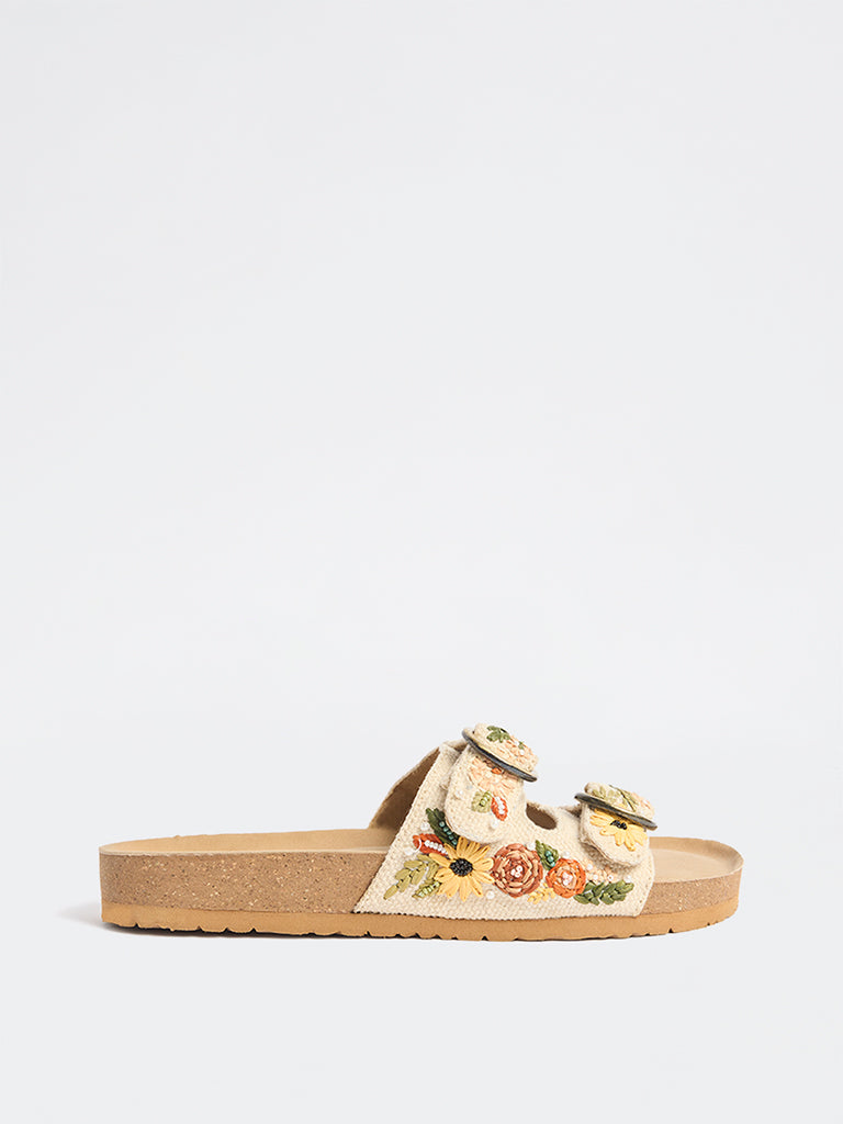 LUNA BLU Yellow Floral Embroidered Slip-On Sandals