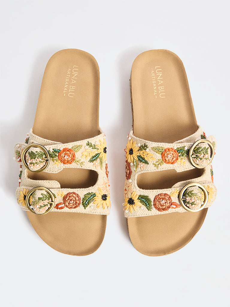 LUNA BLU Yellow Floral Embroidered Slip-On Sandals