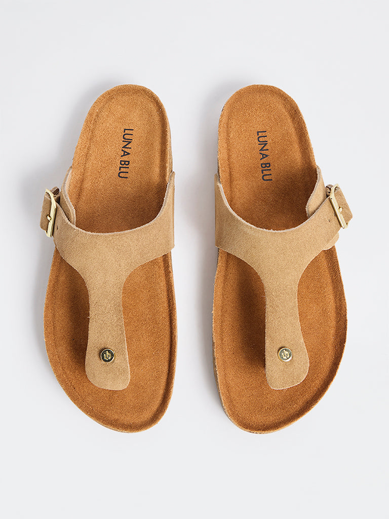 LUNA BLU Beige T-Strap Suede Sandals