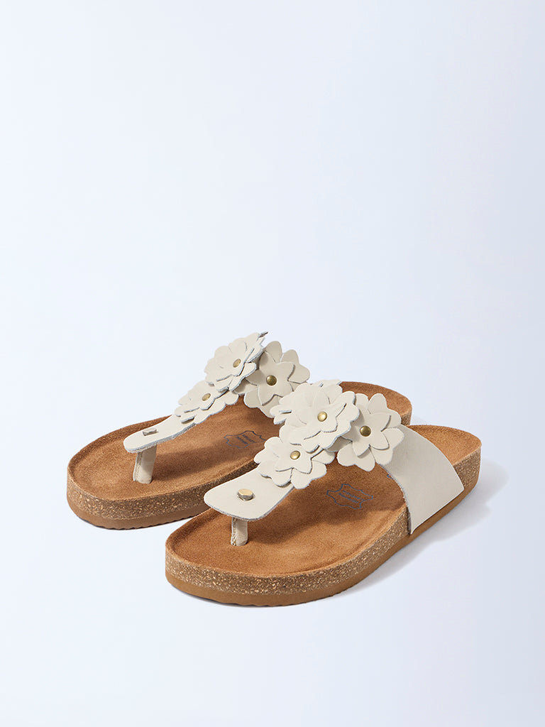 LUNA BLU Ivory Floral Thong-Strap Leather Sandals