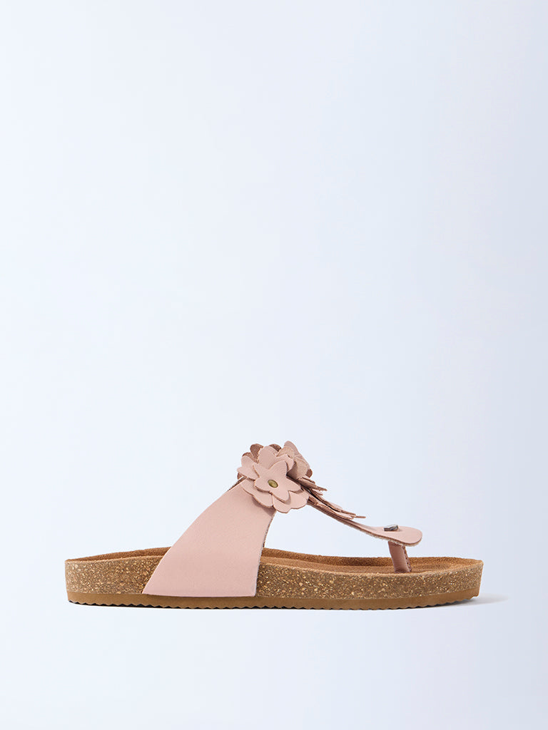 LUNA BLU Light Pink Floral Thong-Strap Leather Sandals