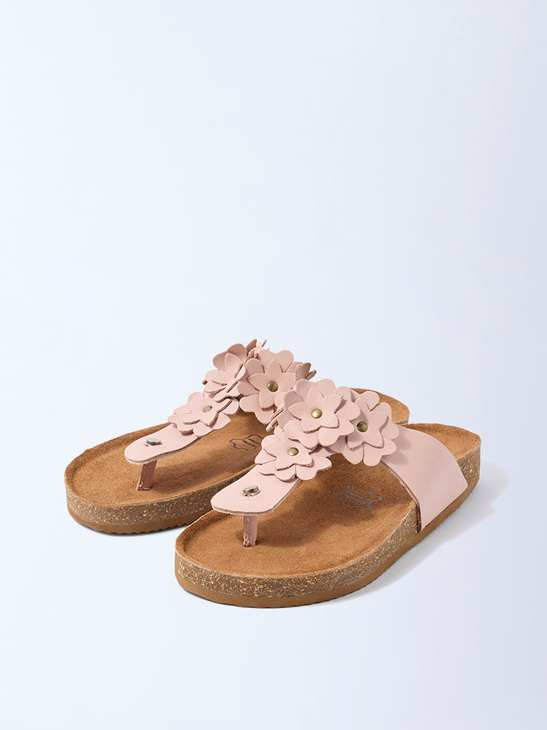 LUNA BLU Light Pink Floral Thong-Strap Leather Sandals