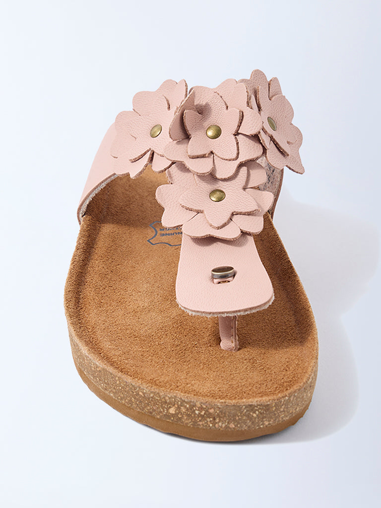 LUNA BLU Light Pink Floral Thong-Strap Leather Sandals